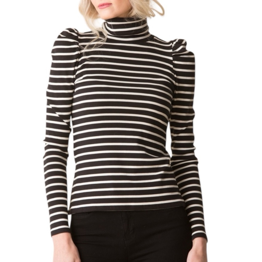 NEW Veronica Beard Cedar Ribbed Turtleneck Black Ivory Striped Puff Long Sleeve